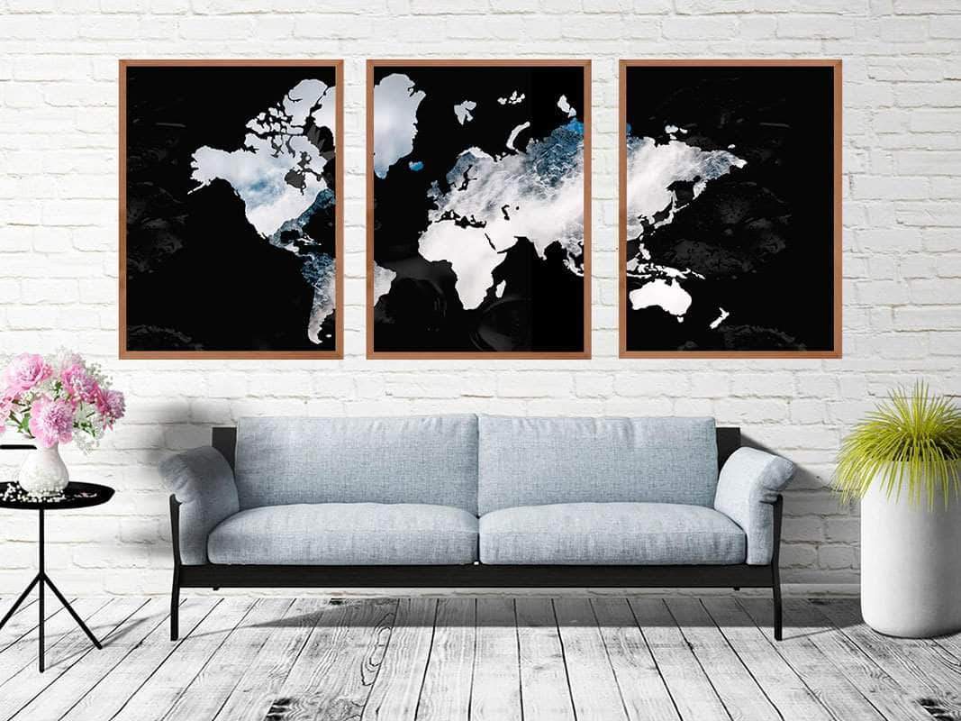 3 dele verdenskort plakat - sort rose version verdenskort