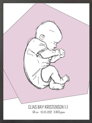 Birth poster / fødselsplakat 1:1 - Fosterstilling lyserød fødselstavler