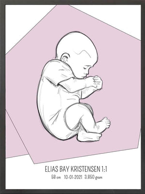 Birth poster / fødselsplakat 1:1 - Fosterstilling lyserød fødselstavler